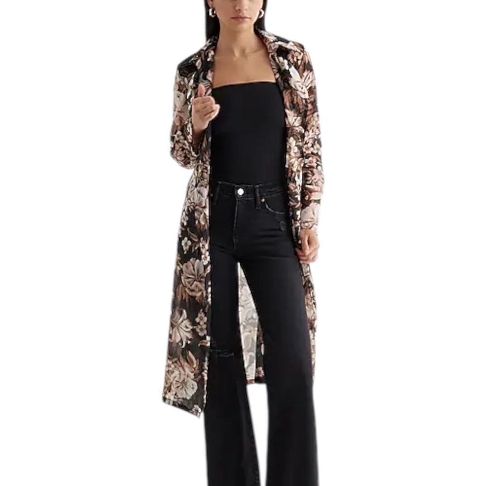 Express Floral Sheer Belted Trench Coat